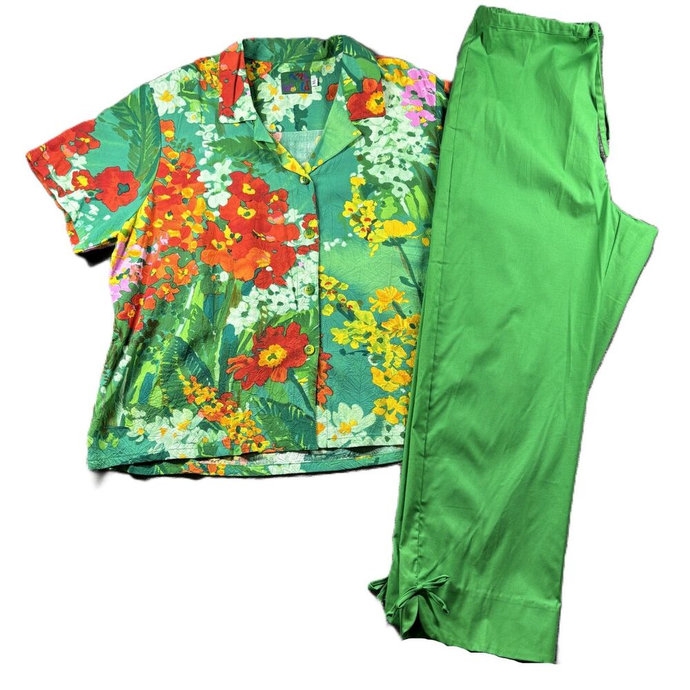 Jams World Women Vintage Outfit Pants Shirt Tropical Button Up Green L/XL P142